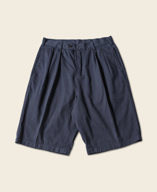 Classic Straight Leg Double Pleated Shorts - Navy