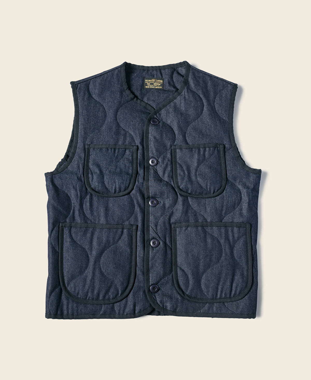 Military Style Quilted Padded Denim Vest - Navy