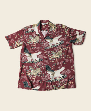 Ukiyo-e Tiger & Crane Pattern Aloha Shirt - Wine Red