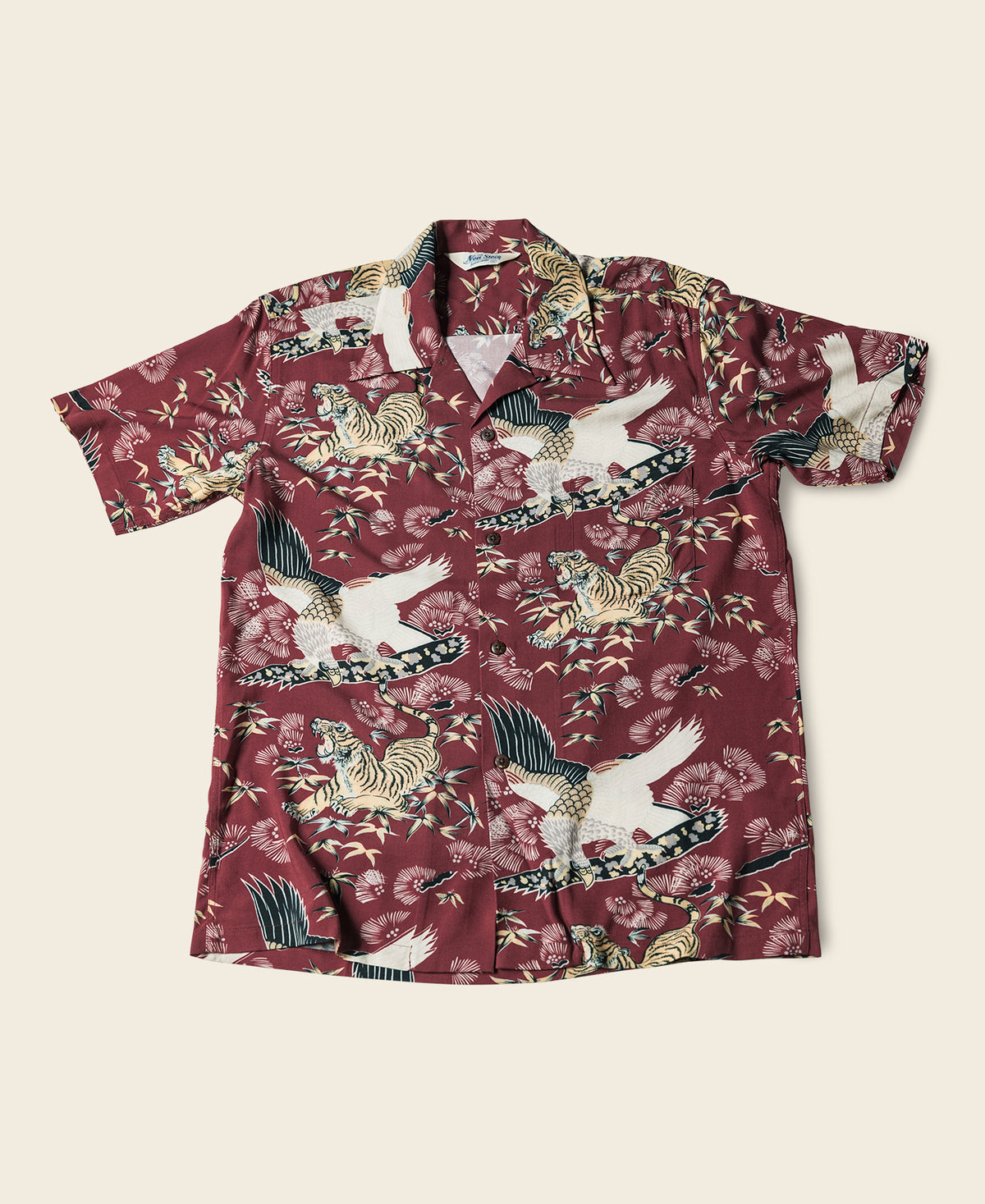 Ukiyo-e Tiger &amp; Crane Pattern Aloha Shirt - Wine Red