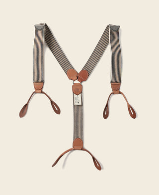 Old-Time Y-Back Leather Button Suspenders - Blue/Yellow Stripe