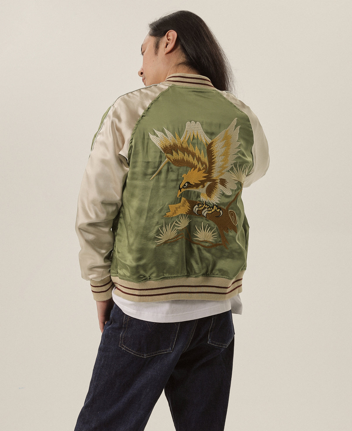 Non Stock 1950s Reversible Embroidery Acetate Souvenir Jacket - Falcon × Tiger | Bronson Green/Black / S