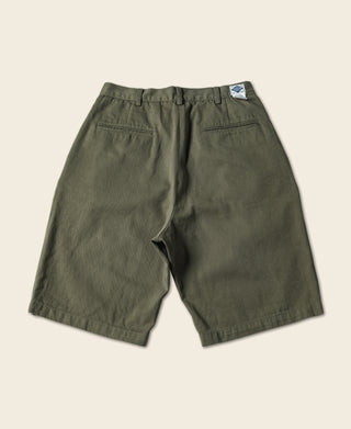 Classic Straight Leg Double Pleated Shorts - Olive