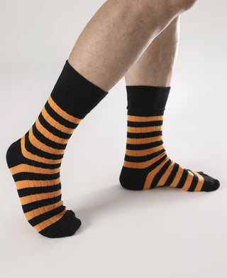 Retro Striped Cotton Socks - Black/Orange