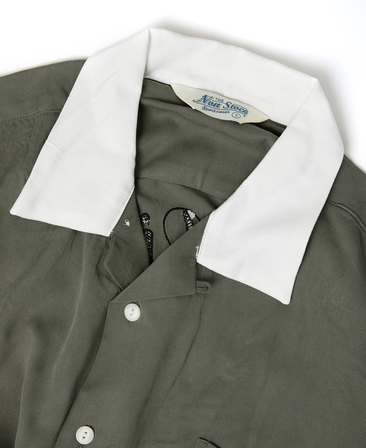Loose Embroidery Bowling Shirt - Olive