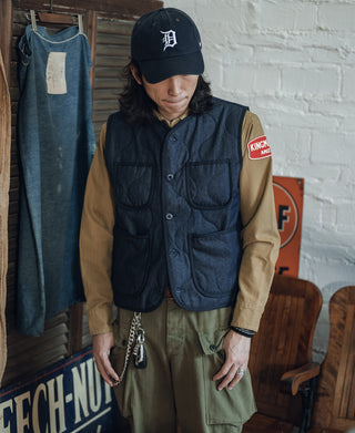 Military Style Quilted Padded Denim Vest - Navy