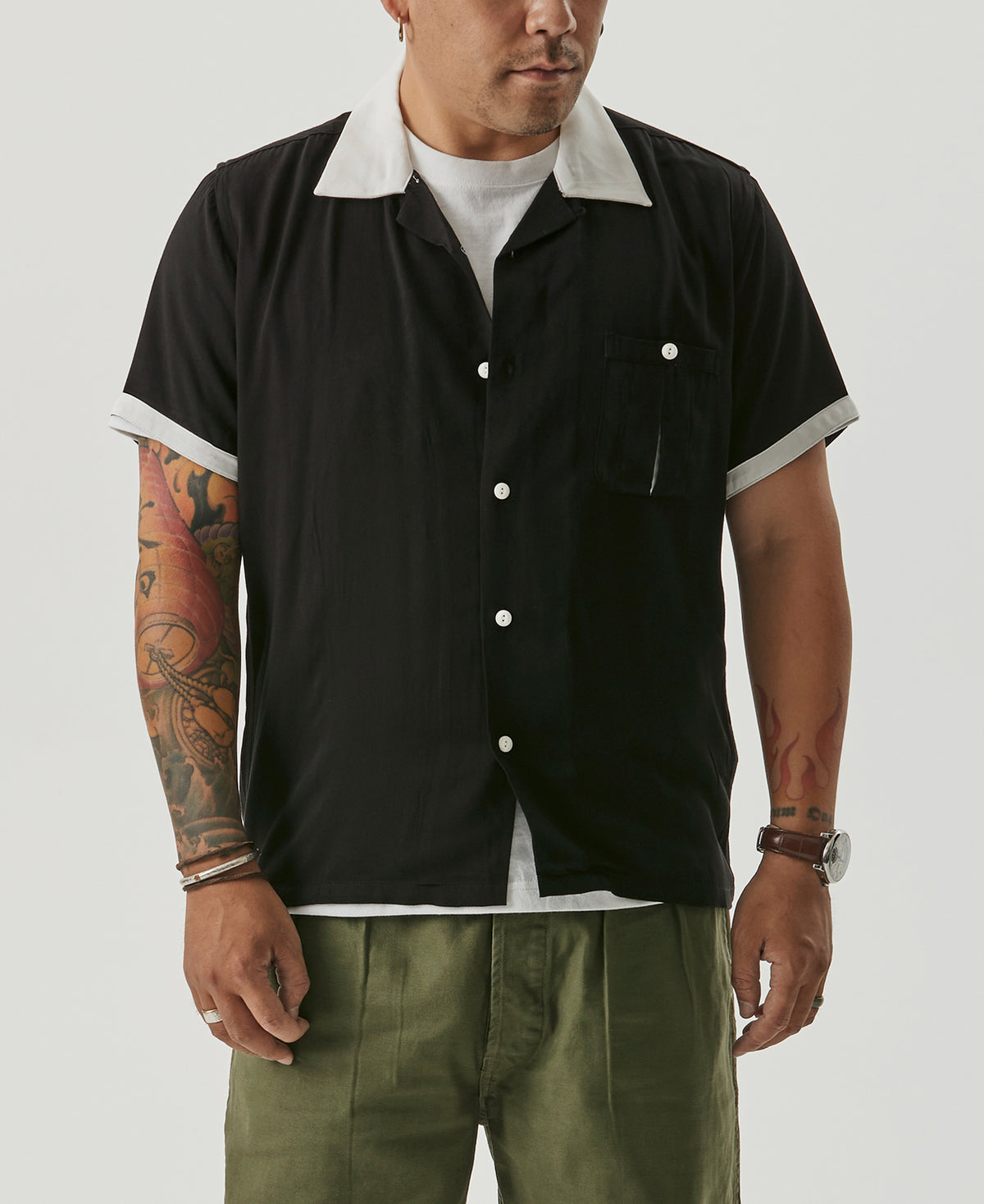 Loose Embroidery Bowling Shirt - Black