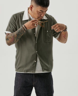 Loose Embroidery Bowling Shirt - Olive