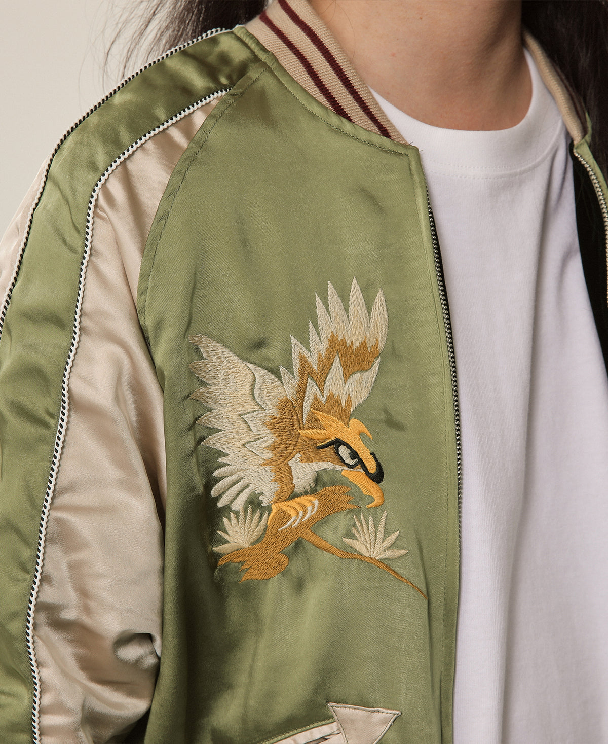 Non Stock 1950s Reversible Embroidery Acetate Souvenir Jacket - Falcon × Tiger | Bronson Green/Black / S