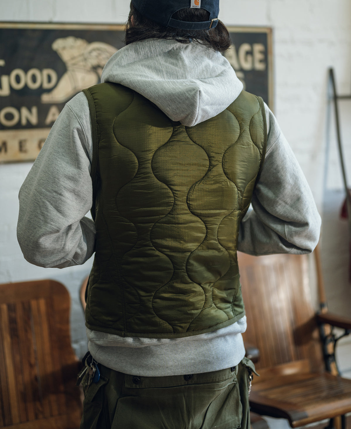 Military Style Quilted Padded Ripstop Nylon Vest - Olive