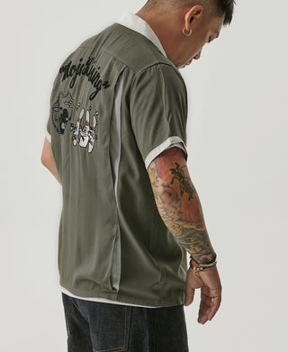 Loose Embroidery Bowling Shirt - Olive