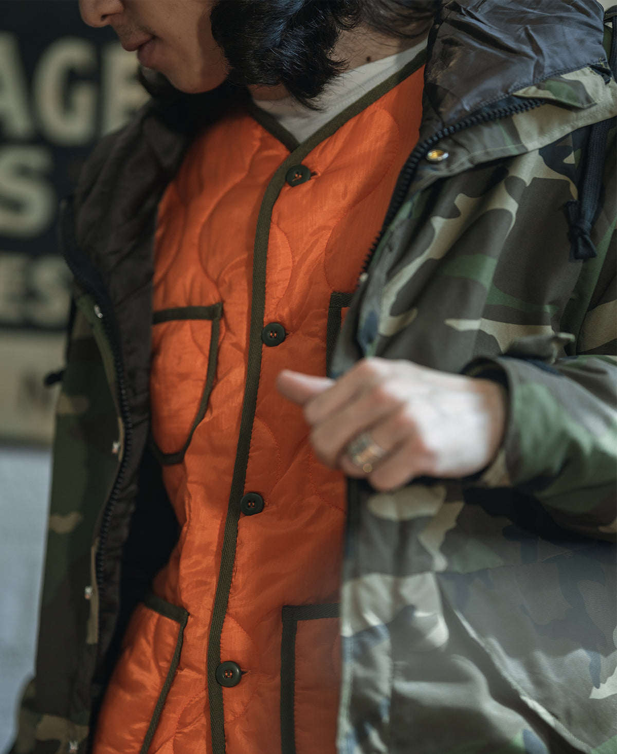Military Style Quilted Padded Ripstop Nylon Jacket - Orange