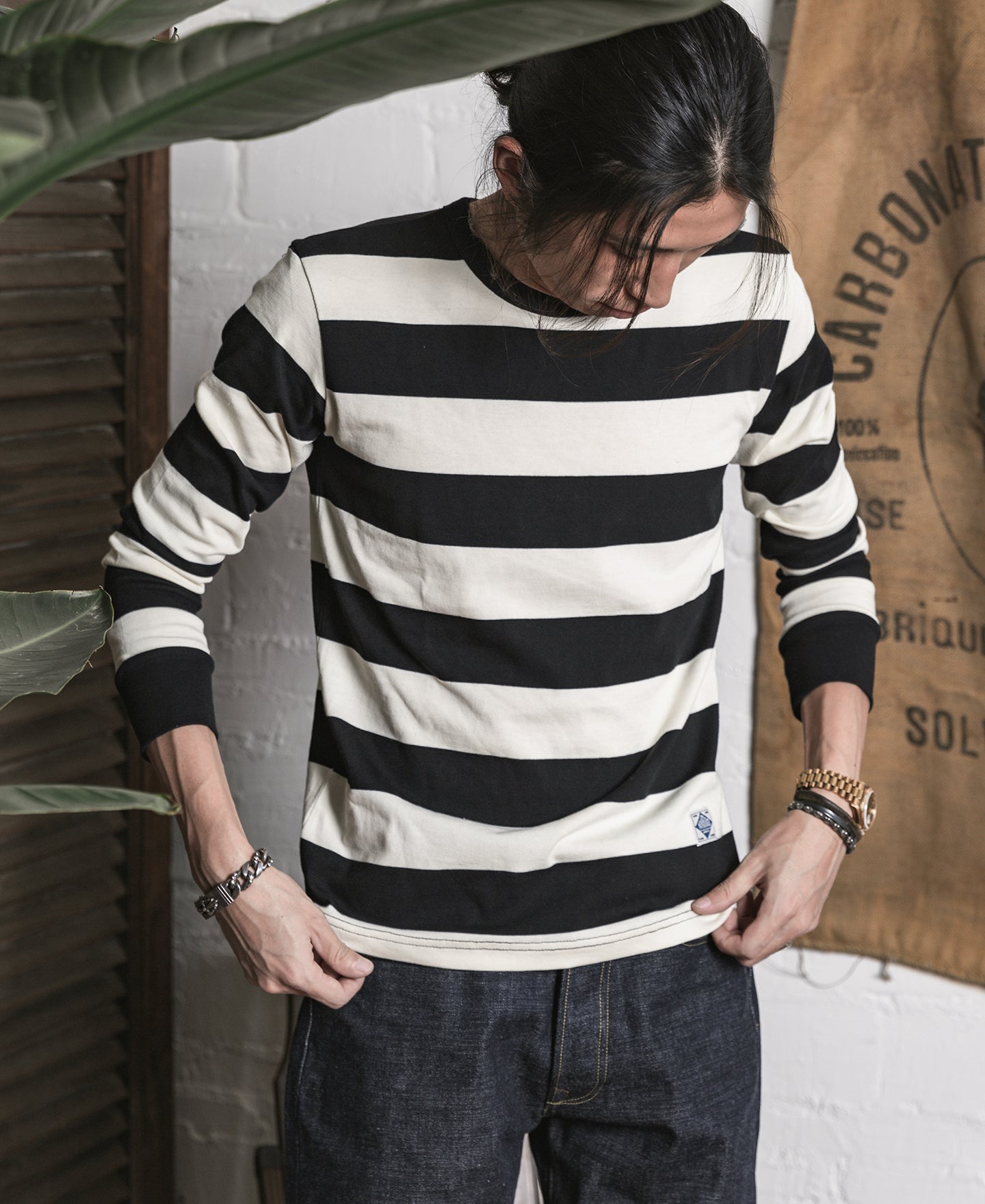 Motorcycle Wide Black and White Striped Long Sleeve T-Shirt